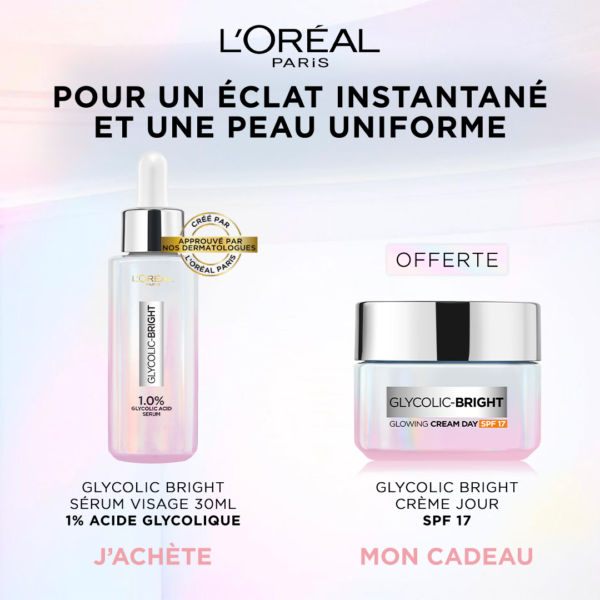 Pack L'Oréal Paris - Glycolic Bright - Sérum Visage 30ml + Crème Jour SPF17 50ml à base d'acide glycolique