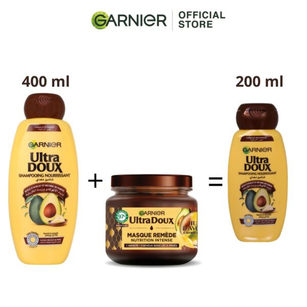 Ultra Doux Shampoing Nutrition Intense à L’Huile d’Avocat et Beurre de Karité 400ml + Masque Cheveux Remède Nourrissant À L’Huile d’avocat et Beurre de Karité 340ml = Shampoing Nutrition Intense À L’huile D’avocat Et Beurre De Karité 200ml