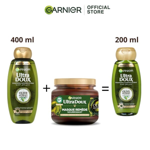 Ultra Doux Shampoing Réhydratant Olive Mythique 400ml + Masque Cheveux Remède Olive Mythique 340ml = Shampoing Réhydratant Olive Mythique 200ml